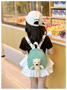 Detail view of mini mint green canvas backpack with a 3D teddy bear toy on girl back