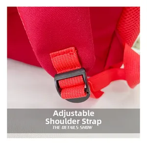 Close-up of adjustable red canvas shoulder strap with high-quality plastic buckle