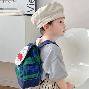 Cartoon patchwork canvas kids backpack with green plaid and matching beige beret hat
