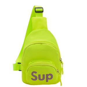 Neon green canvas crossbody chest bag for kids featuring a purple letter print design