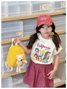 Detail of yellow canvas backpack with cute plush bear charm on a child's outfit