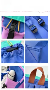 Detail view of colorful kids backpack features drawstring closure and side umbrella pocket