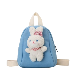 Blue canvas toddler backpack with 3D plush bunny and adjustable shoulder straps