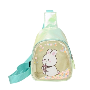 Iridescent mint green bunny crossbody chest bag for girls with sparkling heart sequins
