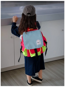 Rear view of a child wearing a colorful patchwork canvas backpack with bear logo