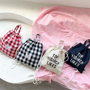 Kids Canvas Drawstring Backpack Toddler Mini Lightweight Handbag Plaid Letter Print Travel School Bag For Boys Girls