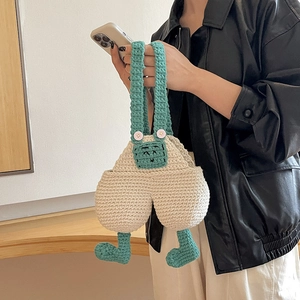 Handmade Crochet Knitted Kids Crossbody Bag Creative Jumpsuit Shape Cartoon Overalls Design Shoulder Purse For Children