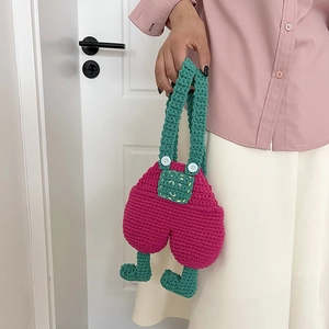 Handmade crochet overall design shoulder bag in bright rose red and green with white buttons