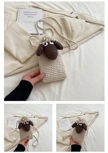 Macro shot of handmade crochet lamb crossbody bag showing detailed beige knit texture