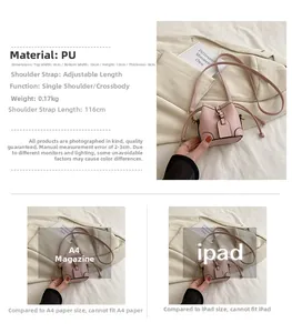 Pink mini PU leather bucket bag showing size comparison with A4 magazine and iPad