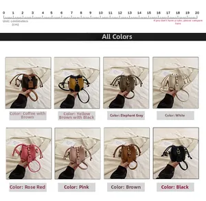 Variety of mini drawstring bucket bags for girls in eight vibrant leather colors