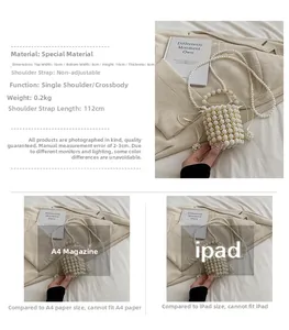 Size comparison of pearl bucket bag with A4 paper and iPad including dimensions