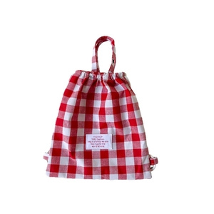 Kids mini red and white checkered canvas drawstring backpack for snacks and travel