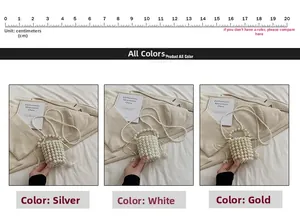 Detail view of mini pearl woven bucket bags in silver, white, and gold colors