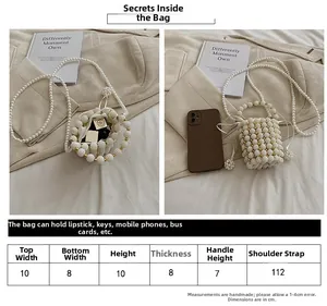 Size chart showing 10cm mini pearl woven bucket bag with detailed measurements