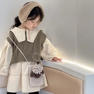 Children's knitted vest and white dress set with handmade crochet lamb shoulder bag
