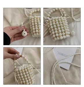 Detail of hand-woven pearl bucket bag with gold beads and satin drawstring liner