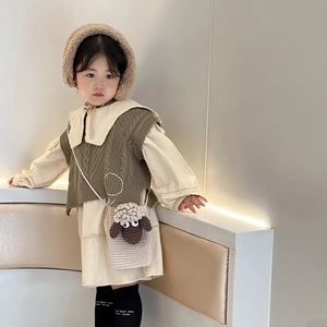 Girl's winter knit vest dress set with a cute sheep handmade crochet crossbody bag