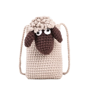Cute handmade crochet sheep crossbody bag for girls with beige knit texture and brown ears