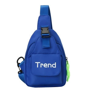 Blue canvas chest bag for kids featuring Trend letter print and neon green zip detail