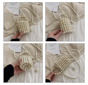 Detail view of pearl bucket bag with gold beads and satin drawstring from multiple angles