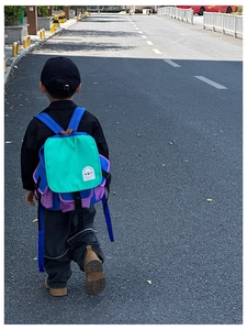 Rear view of a child wearing a colorful color-block canvas backpack on an asphalt road