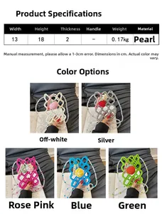 Detailed size chart for handmade beaded crossbody bag showing colors and 13x18x2cm dimensions