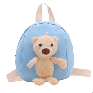 Cute light blue canvas mini backpack for toddlers with plush teddy bear decoration