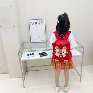 Cute red zodiac tiger backpack for kids with 3D ears and traditional Fu character label