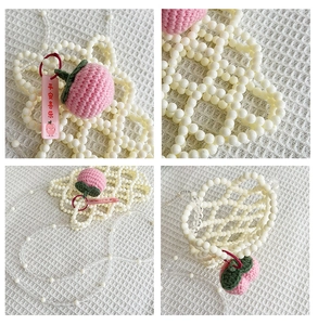 Detail of beaded girls crossbody bag with crochet peach charm and floral weave