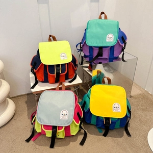 Kids Backpack Canvas Nylon Contrast Color Lightweight School Bag For Boys Girls Trendy Kindergarten Outdoor