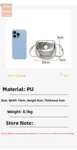 Detailed view of silver mini PU bag with crocodile texture and size reference guide