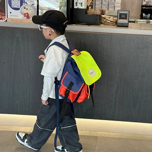 Toddler nylon backpack with stylish color-block design in navy blue, orange, and yellow