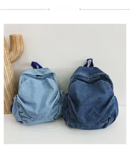 Detail view of denim kids backpack in light and dark blue showing soft washed texture