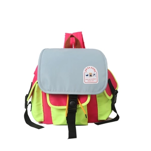 Kids colorful canvas backpack with vibrant green and pink contrast panels for school