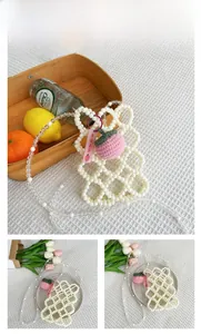 Detail of handmade beaded crossbody bag for girls with peach charm and woven texture