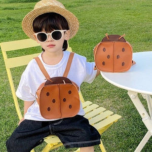 Cute 3D ladybug cartoon backpack for toddlers in brown and orange PU leather style