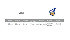 Detailed size guide for the cute blue bear nylon crossbody bag with 95cm strap