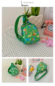Detail view of cartoon dinosaur print on kids chest bag with adjustable nylon straps