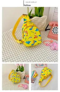 Detailed view of yellow children's dinosaur chest bag with adjustable shoulder strap