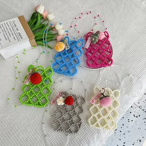 Girls Handmade Beaded Crossbody Bag Hollow Out Mesh Design Crochet Fruit Charm Cute Pastoral Style Kids Shoulder Purse