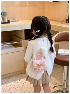 Sac à main rose à carreaux pour fille avec nœud en satin et perle sur chaîne en métal