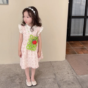 Pink plaid dress set for girls with white flutter sleeve shirt and beaded strawberry bag