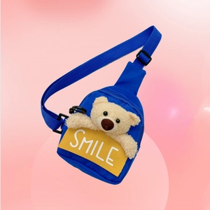 Kids Chest Bag Nylon Crossbody Bag With 3D Plush Bear Smile Patch Adjustable Strap Cute Fashion For Boys Girls