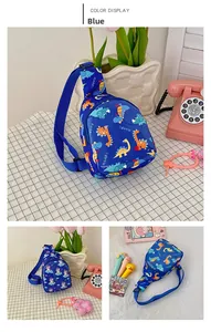 Detail view of children's waterproof crossbody chest bags with dinosaur and unicorn prints