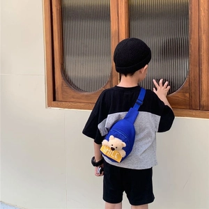 Blue children's crossbody chest bag with cute 3D plush bear and adjustable strap