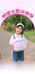 Detail of 3D embossed castle patterns on a purple kids backpack with wide S-straps