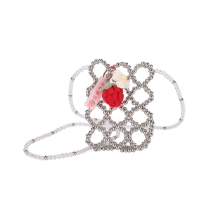 Silver beaded hollow crossbody bag for girls with strawberry and flower charms