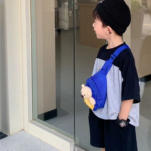 Blue kids chest bag with 3D teddy bear and adjustable strap for boys and girls