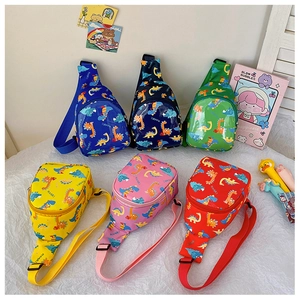 Detail view of colorful cartoon dinosaur chest bags for kids in six vibrant colors